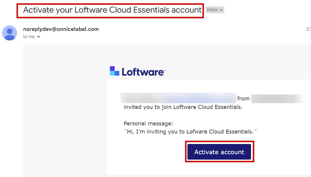 Activatie-e-mail van Loftware Cloud, de opvolger van NiceLabel